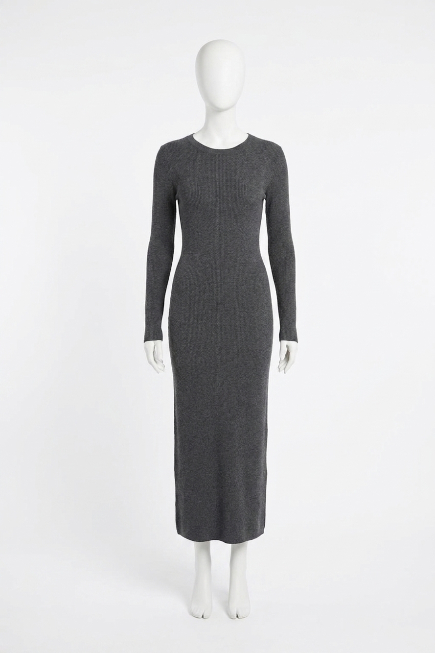 NEW ENZA COSTA silk sweater rib crew dress in heather charcoal